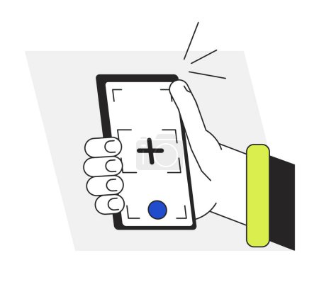 Ilustración de Tomando selfie con teléfono inteligente cámara plana línea vector punto ilustración. Enfoque automático en la pantalla Esquema de dibujos animados 2D primera mano vista en blanco para el diseño de interfaz de usuario web. Editable imagen de héroe colorido aislado - Imagen libre de derechos