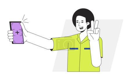 Illustration for Guy with victory gesture posing for selfie flat line vector spot illustration. Afro man holds smartphone 2D cartoon outline character on white for web UI design. Editable isolated colorful hero image - Royalty Free Image