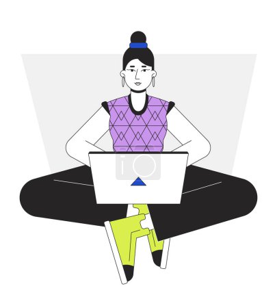 Ilustración de Chica blogger escribiendo en la ilustración de punto de vector de línea plana portátil. Escritora sentada con cuaderno de dibujos animados 2D contorno de carácter en blanco para el diseño de interfaz de usuario web. Editable imagen de héroe colorido aislado - Imagen libre de derechos