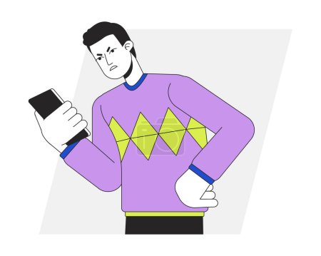 Illustration for Angry caller looking at phone flat line vector spot illustration. Irritated man squeezing smartphone 2D cartoon outline character on white for web UI design. Editable isolated colorful hero image - Royalty Free Image