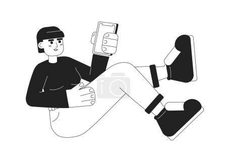 Illustration for Girl holding phone sitting with legs up monochromatic flat vector character. Enjoy gadget. Editable thin line full body person on white. Simple bw cartoon spot image for web graphic design, animation - Royalty Free Image