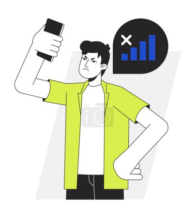 Illustration for Gadget user having no phone signal flat line vector spot illustration. Frustrated man with phone problem 2D cartoon outline character on white for web UI design. Editable isolated colorful hero image - Royalty Free Image