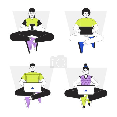 Illustration for Using gadgets in everyday life flat line vector spot illustration set. Millennials with devices 2D cartoon outline characters on white for web UI design. Editable isolated colorful hero image pack - Royalty Free Image