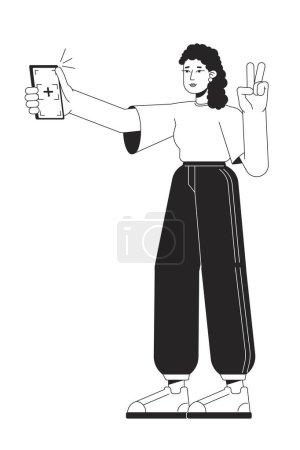 Ilustración de Millennial chica tomando selfie cuerpo completo bw vector spot ilustración. Adolescente posando en el teléfono de dibujos animados 2D línea plana monocromática personaje en blanco para el diseño de interfaz de usuario web. Imagen de héroe de contorno aislado editable - Imagen libre de derechos