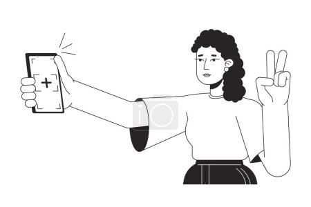Ilustración de Chica posando para selfie con la paz dedos bw vector spot ilustración. Gen Z sostiene el personaje monocromático de línea plana de dibujos animados 2D del teléfono en blanco para el diseño de la interfaz de usuario web. Imagen de héroe de contorno aislado editable - Imagen libre de derechos