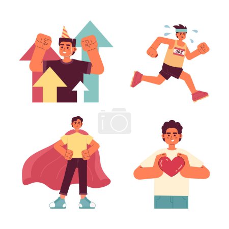 Illustration for Personal development flat concept vector spot illustration set. Building self growth 2D cartoon characters on white for web UI design. Self improvement for men isolated editable hero image pack - Royalty Free Image