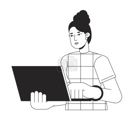 Illustration for Woman using laptop in office bw vector spot illustration. Female task manager typing 2D cartoon flat line monochromatic character on white for web UI design. Editable isolated outline hero image - Royalty Free Image