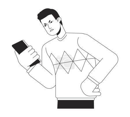 Illustration for Angry caller looking at phone bw vector spot illustration. Irritated man with smartphone 2D cartoon flat line monochromatic character on white for web UI design. Editable isolated outline hero image - Royalty Free Image