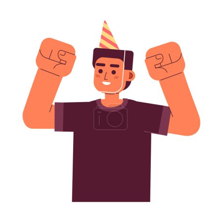 Ilustración de Emocionado hombre con sombrero de fiesta celebrando cumpleaños semi plana colorido vector de carácter. Feliz fiestera. Persona de medio cuerpo editable en blanco. Ilustración simple de dibujos animados para el diseño gráfico web - Imagen libre de derechos