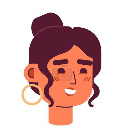 Ilustración de Mujer latina feliz con aros semi plana cabeza de personaje vector. Chica morena con el pelo atado. Icono de avatar de dibujos animados editables. Enfrenta emoción. Ilustración colorida del punto para el diseño gráfico web, animación - Imagen libre de derechos