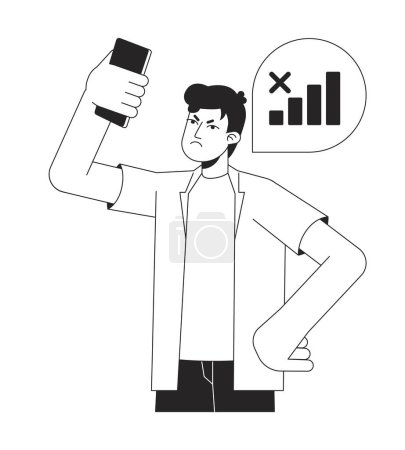 Illustration for Gadget user having no phone signal bw vector spot illustration. Man with phone problem 2D cartoon flat line monochromatic character on white for web UI design. Editable isolated outline hero image - Royalty Free Image