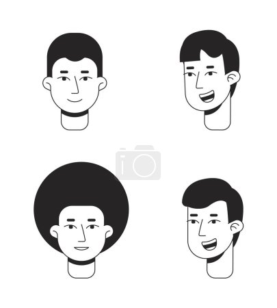 Illustration for Men nice smiles monochrome flat linear character heads set. Happy afro guy. Excitement. Editable outline people icons. Line users faces. 2D cartoon spot vector avatar illustration pack for animation - Royalty Free Image