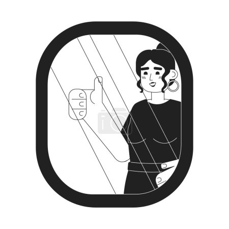 Ilustración de Mujer caucásica confiada mostrando el pulgar hacia arriba en el espejo de reflexión monocromática plana vector de carácter. Editable persona de línea delgada de medio cuerpo en blanco. Simple imagen spot de dibujos animados bw para el diseño gráfico web - Imagen libre de derechos