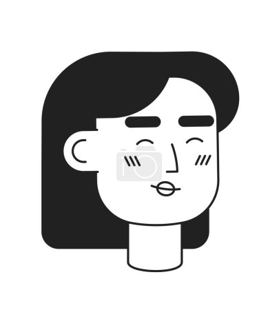 Téléchargez les illustrations : Femme caucasienne souriante aux cheveux noirs tête de caractère linéaire plate monochrome. Femme excitée. Contour modifiable dessiné à la main icône du visage humain. Illustration vectorielle de spot de dessin animé 2D pour l'animation - en licence libre de droit