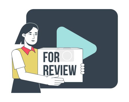 Illustration for Product video review flat line concept vector spot illustration. 2D cartoon outline character on white for web UI design. Video marketing editable isolated colorful hero image. Bebas Neue font used - Royalty Free Image