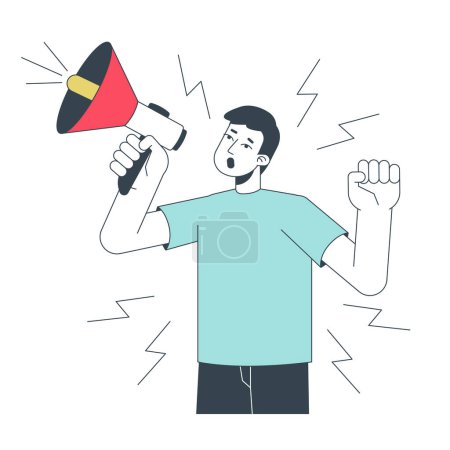Illustration for Business announcement flat line concept vector spot illustration. Man shouting in megaphone 2D cartoon outline character on white for web UI design. Promotion editable isolated colorful hero image - Royalty Free Image