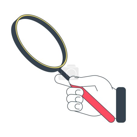 Illustration for Hand holding magnifying glass flat line concept vector spot illustration. Enlarge 2D cartoon outline first view hand on white for web UI design. Magnifier tool editable isolated colorful hero image - Royalty Free Image