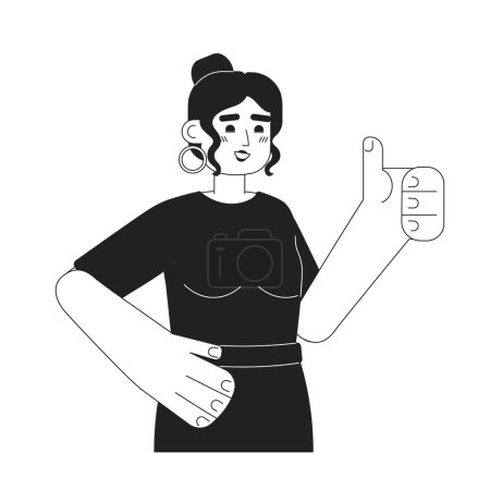 Illustration for Young latina woman with thumb up monochromatic flat vector character. Excited girl giving approval. Editable thin line half body person on white. Simple bw cartoon spot image for web graphic design - Royalty Free Image