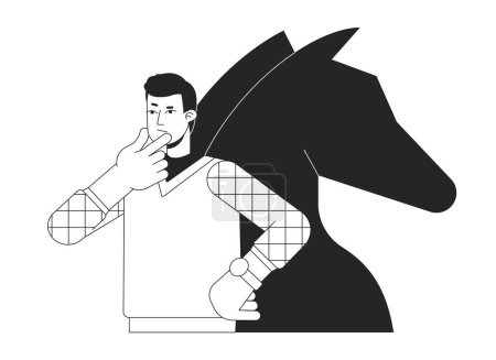 Illustration for Branding strategy bw concept vector spot illustration. Man with chess knight 2D cartoon flat line monochromatic character for web UI design. Brand management editable isolated outline hero image - Royalty Free Image