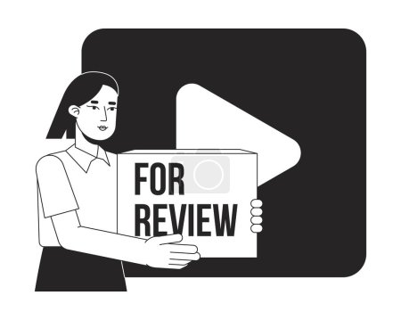Illustration for Product video review bw concept vector spot illustration. 2D cartoon flat line monochromatic character for web UI design. Video marketing editable isolated outline hero image. Bebas Neue font used - Royalty Free Image