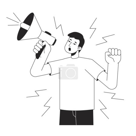 Illustration for Business announcement bw concept vector spot illustration. Man shouting in megaphone 2D cartoon flat line monochromatic character for web UI design. Promotion editable isolated outline hero image - Royalty Free Image