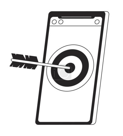 Illustration for Target audience in mobile marketing bw concept vector spot illustration. Target arrow in smartphone 2D cartoon flat line monochromatic object for web UI design. Editable isolated outline hero image - Royalty Free Image