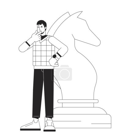 Illustration for Digital marketing strategy bw concept vector spot illustration. Chess player 2D cartoon flat line monochromatic character for web UI design. Strategic planning editable isolated outline hero image - Royalty Free Image