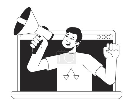 Illustration for Online advertising bw concept vector spot illustration. Man with loudspeaker in laptop 2D cartoon flat line monochromatic character for web UI design. Website ads editable isolated outline hero image - Royalty Free Image