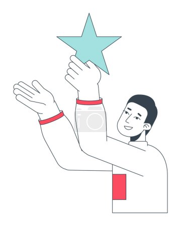 Illustration for Male customer giving star flat line color vector character. Editable outline half body person on white. Guy holding star above head. Feedback simple cartoon spot illustration for web graphic design - Royalty Free Image