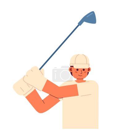 Ilustración de Joven hombre adulto golfista balanceo con palo semi plana personaje vector colorido. Campo de golf. Feliz golfeur. Persona de medio cuerpo editable en blanco. Ilustración simple de dibujos animados para el diseño gráfico web - Imagen libre de derechos