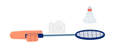 Ilustración de Golpeando Shuttlecock con raqueta de bádminton semi plana vector colorido primera mano vista. Equipo deportivo de bádminton. Editable primer plano pov en blanco. Ilustración simple de dibujos animados para el diseño gráfico web - Imagen libre de derechos