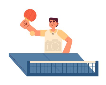 Ilustración de Hombre asiático con pádel jugando ping-pong partido semi plana colorido vector de carácter. Tenis de mesa. Persona de medio cuerpo editable en blanco. Ilustración simple de dibujos animados para el diseño gráfico web - Imagen libre de derechos
