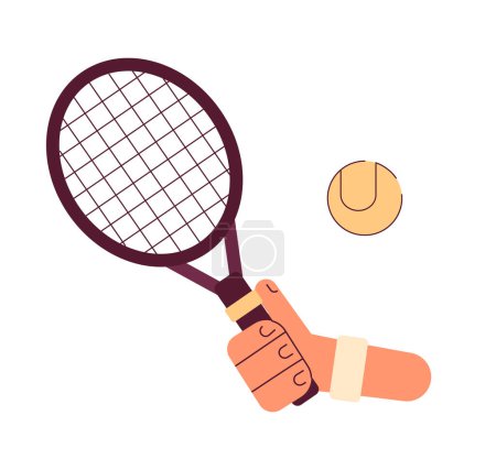 Ilustración de Mano con raqueta golpeando pelota de tenis semi plana vector colorido primera mano vista. Equipamiento deportivo de tenis. Editable primer plano pov en blanco. Ilustración simple de dibujos animados para el diseño gráfico web - Imagen libre de derechos