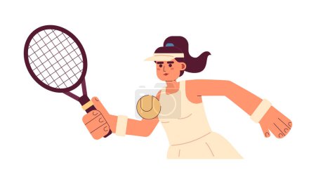 Ilustración de Mujer hispana joven jugando tenis semi plana vector colorido carácter. Torneo de tenis profesional. Persona de medio cuerpo editable en blanco. Ilustración simple de dibujos animados para el diseño gráfico web - Imagen libre de derechos