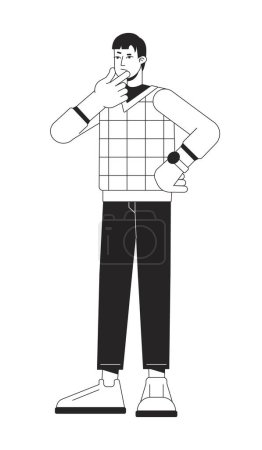 Illustration for Contemplate pensive young man flat line black white vector character. Editable outline full body person. Casual guy thinking in full length simple cartoon isolated spot illustration for web design - Royalty Free Image