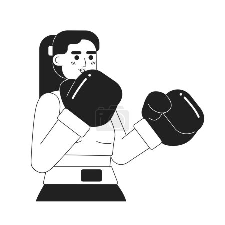 Illustration for Boxing woman training monochromatic flat vector character. Kickboxing fitness. Female fighter. Editable thin line half body person on white. Simple bw cartoon spot image for web graphic design - Royalty Free Image