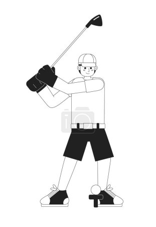 Illustration for Young male golfer playing golf monochromatic flat vector character. Golf country club. Golfer in action. Editable thin line full body person on white. Simple bw cartoon spot image for graphic design - Royalty Free Image
