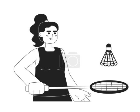 Illustration for Female spanish player on badminton training monochromatic flat vector character. Sport woman with racquet. Editable thin line half body person on white. Simple bw cartoon spot image for graphic design - Royalty Free Image
