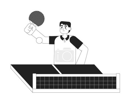 Illustration for Asian man with paddle playing ping-pong match monochromatic flat vector character. Table tennis sport. Editable thin line half body person on white. Simple bw cartoon spot image for web graphic design - Royalty Free Image