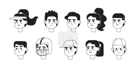 Illustration for Sports players monochrome flat linear character heads bundle. Athletic women and men. Editable outline people icons. Line users faces. 2D cartoon spot vector avatar illustration pack for animation - Royalty Free Image