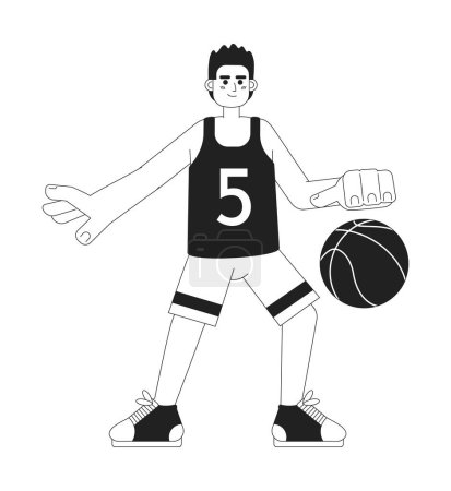 Ilustración de Jugador de baloncesto monocromático personaje vector plano. Deportista afroamericano regateando con pelota. Editable persona de cuerpo completo de línea delgada en blanco. Simple imagen spot de dibujos animados bw para el diseño gráfico web - Imagen libre de derechos