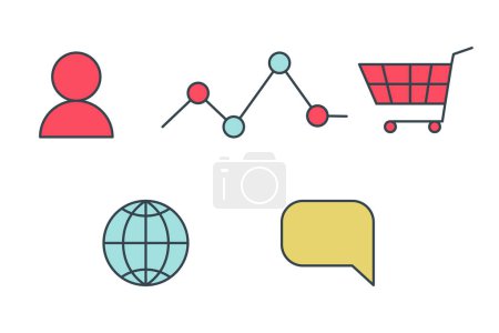 Illustration for Digital marketing app services flat line color isolated vector icons set. Communication. Editable clip art elements on white background. Simple outline cartoon spot illustrations pack for web design - Royalty Free Image