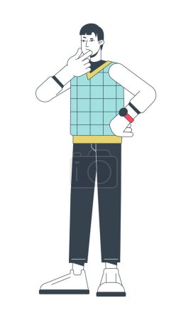 Illustration for Contemplate pensive young man flat line color vector character. Editable outline full body person on white. Casual guy thinking in full length simple cartoon spot illustration for web graphic design - Royalty Free Image