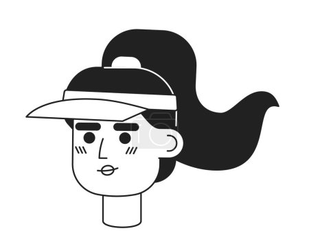Ilustración de Jugadora de tenis con sombrero de visor de sol atlético monocromo cabeza de personaje lineal plana. Esquema editable dibujado a mano icono de la cara humana. Dibujos animados 2D vector spot avatar ilustración para la animación - Imagen libre de derechos