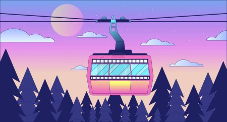 Illustration for Cabin ropeway above sunset forest skyline lo fi chill wallpaper. Cableway in sunrise woods 2D vector cartoon landscape illustration, vaporwave background. 80s retro album art, synthwave aesthetics - Royalty Free Image