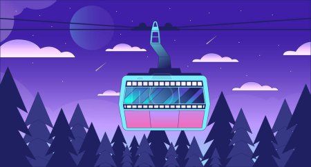 Illustration for Gondola lift in summer forest night lo fi chill wallpaper. Aerial cableway with shooting stars 2D vector cartoon landscape illustration, vaporwave background. 80s retro album art, synthwave aesthetics - Royalty Free Image