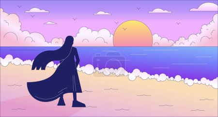 Illustration for Sad woman on beach enjoying sunset lo fi chill wallpaper. Lonely girl watching sea waves 2D vector cartoon character illustration, vaporwave background. 80s retro album art, synthwave aesthetics - Royalty Free Image