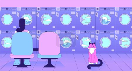 Illustration for Waiting for laundry lo fi chill wallpaper. Housework laundromat. Woman in launderette with cat 2D vector cartoon character illustration, vaporwave background. 80s retro album art, synthwave aesthetics - Royalty Free Image