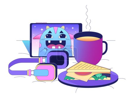 Illustration for Cozy composition in bed conceptual hero image. Cup of tea, tablet device and sandwich 2D cartoon scene on white background. Bedtime stories isolated concept illustration. Vector art for web design ui - Royalty Free Image
