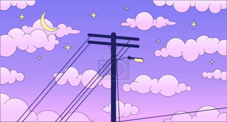 Illustration for Telephone pole on dreamy night sky lo fi chill wallpaper. Electrical cables on evening sky 2D vector cartoon landscape illustration, vaporwave background. 80s retro album art, synthwave aesthetics - Royalty Free Image